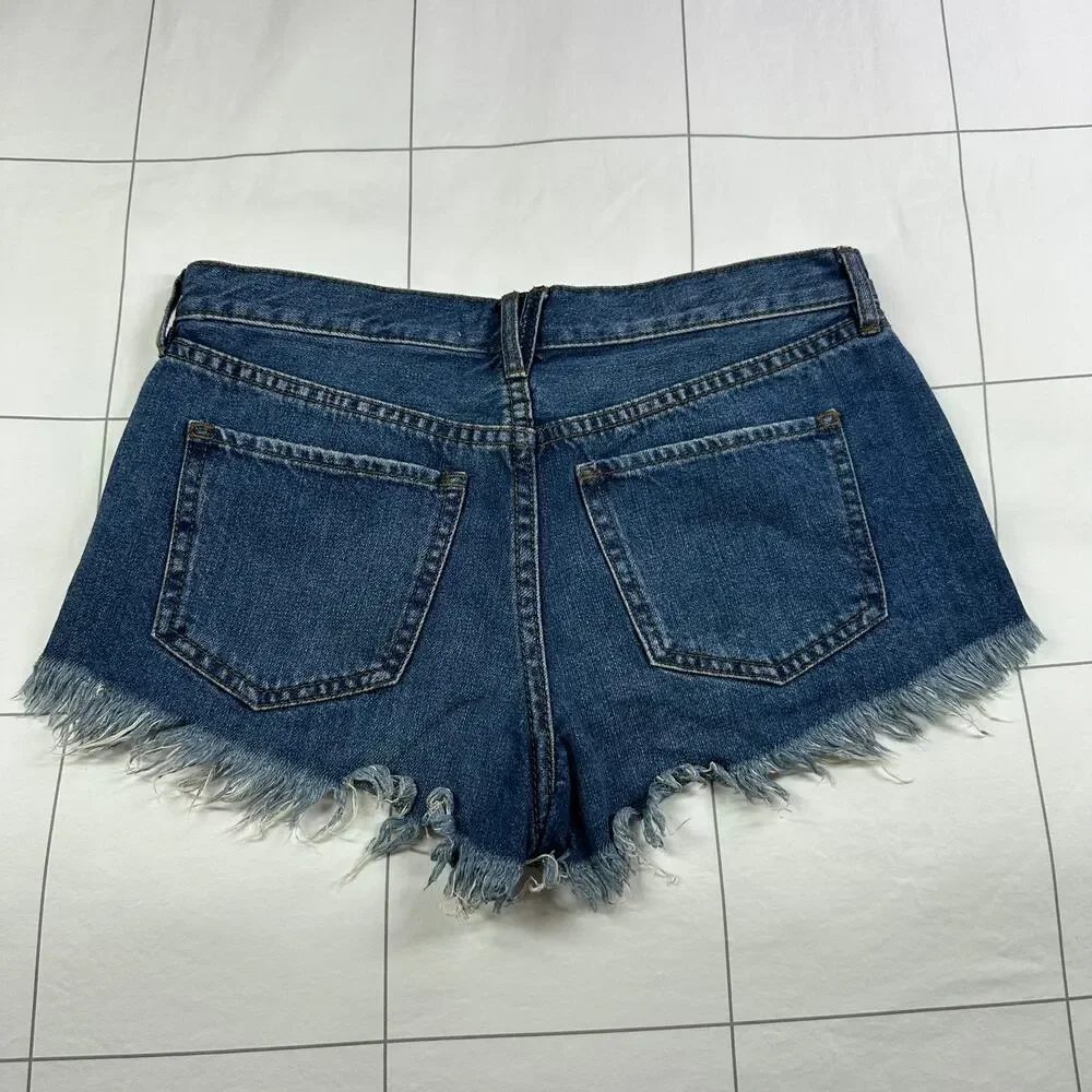 We the Free Denim Shorts Women 26 Blue Medium Wash Distressed Cut Off Button Fly - Picture 2 of 10